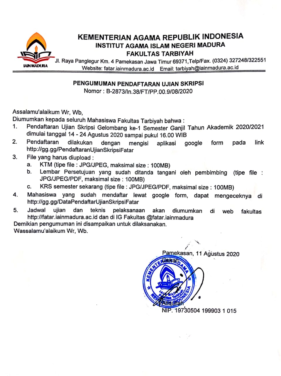 Pendaftaran Ujian Skripsi Gel 1 Ganjil 2020/2021