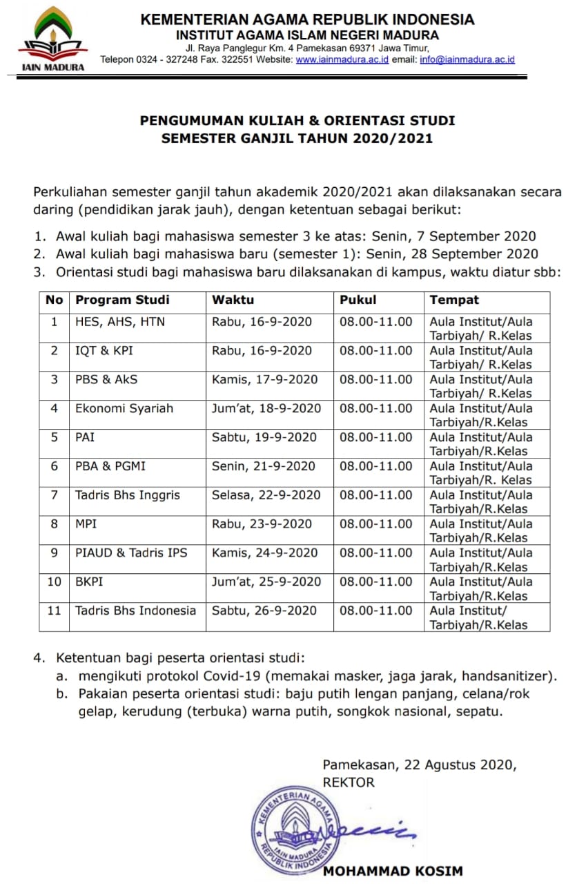 PENGUMUMAN ORIENTASI MAHASISWA BARU DAN PELAKSANAANNYA DIMULAI 19 SEPTEMBER 2020