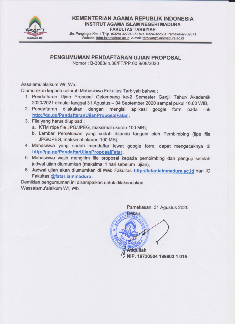 Pendaftaran Ujian Proposal Gel 2 Ganjil 2020/2021