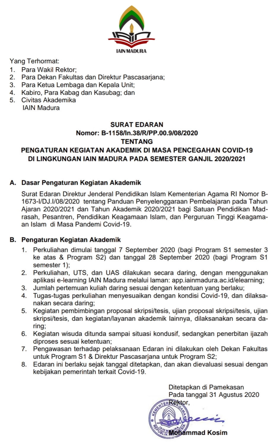 Surat Edaran Rektor Tentang Pengaturan Kegiatan Akademik di Masa Pencegahan Covid-19 di Lingkungan IAIN Madura pada Semester Ganjil 2020/2021