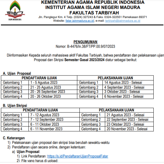 JADWAL PENDAFTARAN DAN PELAKSANAAN UJIAN PROPOSAL DAN SKRIPSI SEMESTER GANJIL 2023/2024
